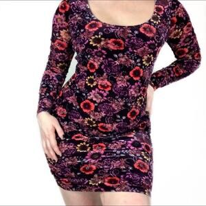 CANDIE'S Floral Velvet Bodycon Mini Dress Long Sleeve Scoop Neck Purple Size S